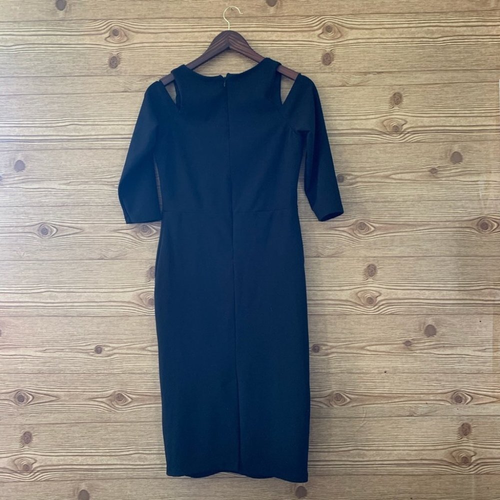 Another Story 3/4 sleeve cut out shoulder black minimalist dress in women Size L